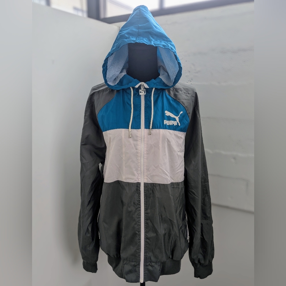 Rare Vintage Puma Gray and Blue Hooded Windbreaker